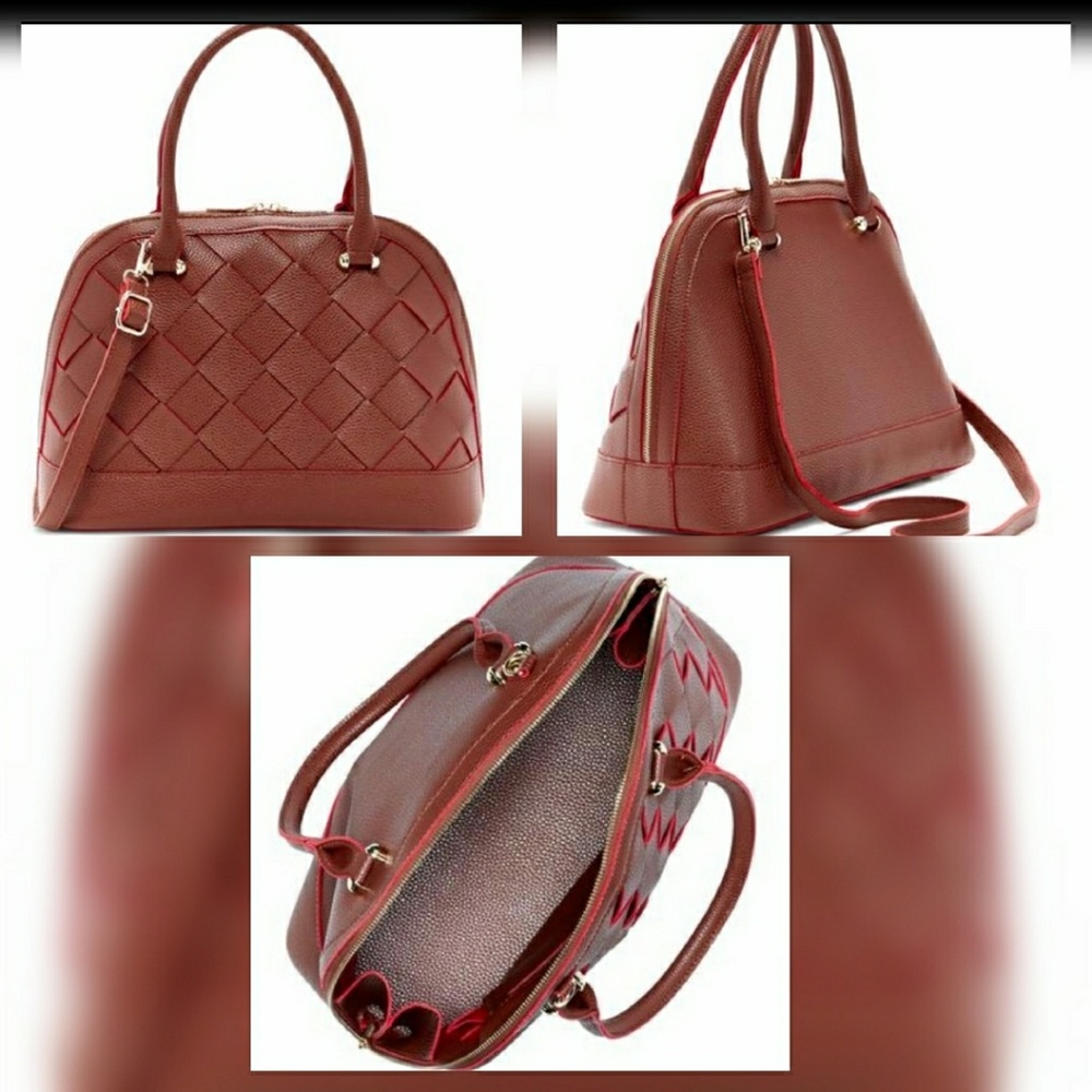 Pink Haley- Brown & Red Accent Braided Satchel Bag