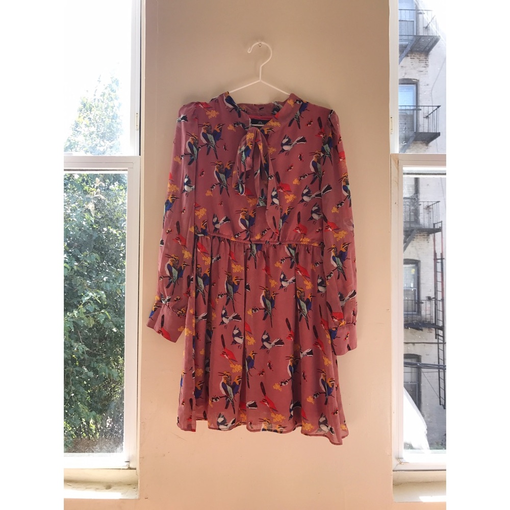 Bird Print Neck Tie Dress