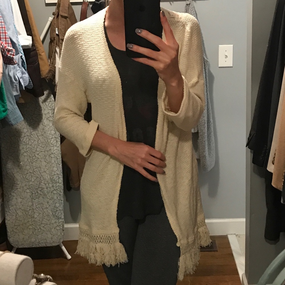 Altar'd State, cream cardigan with fringe detail.