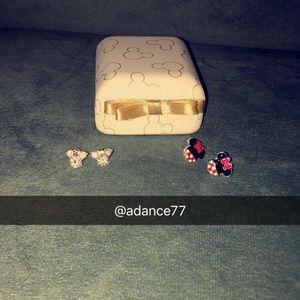 Two pairs of Mickey Mouse earrings and a box