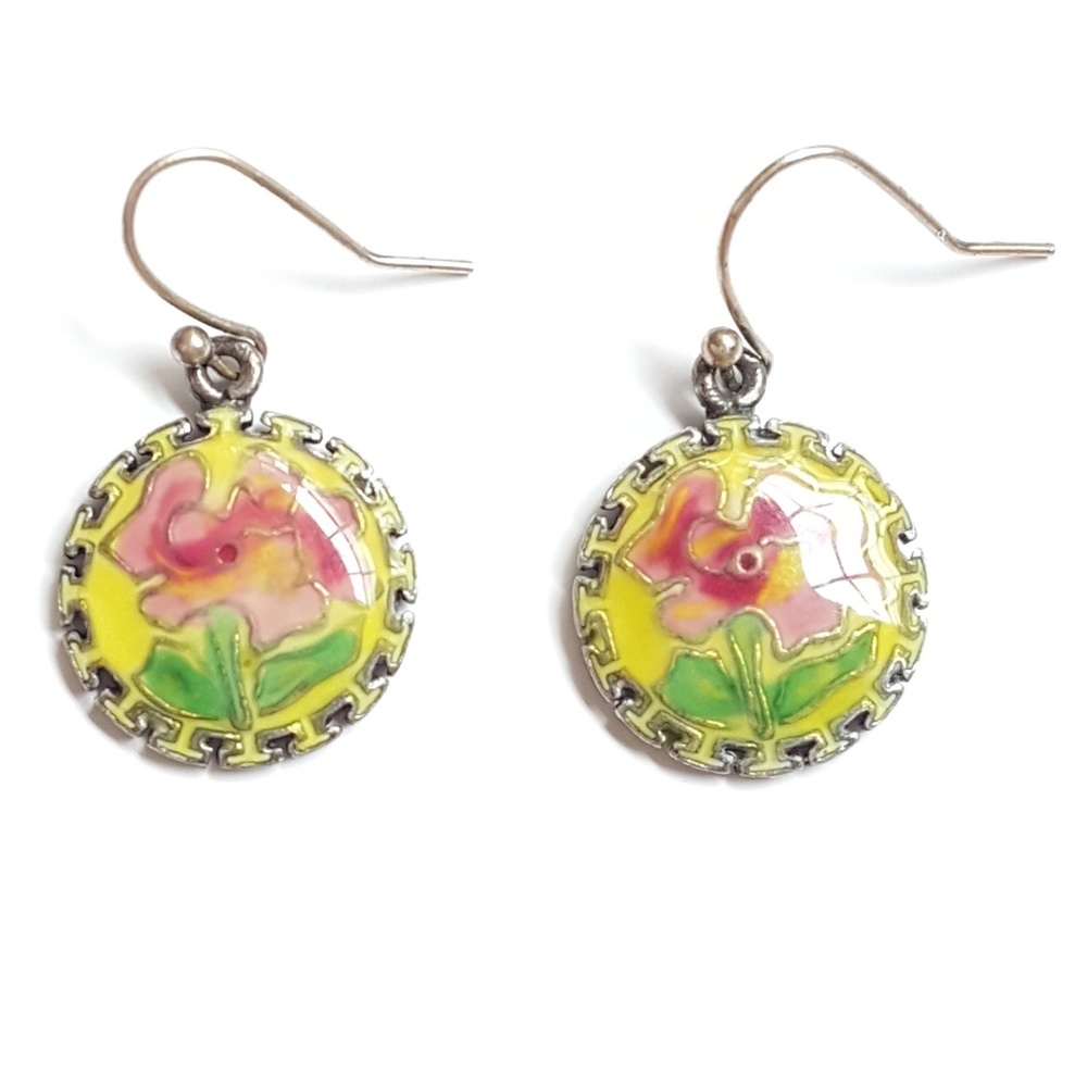 Mandala Hand Painted Flowers silver dangle earring