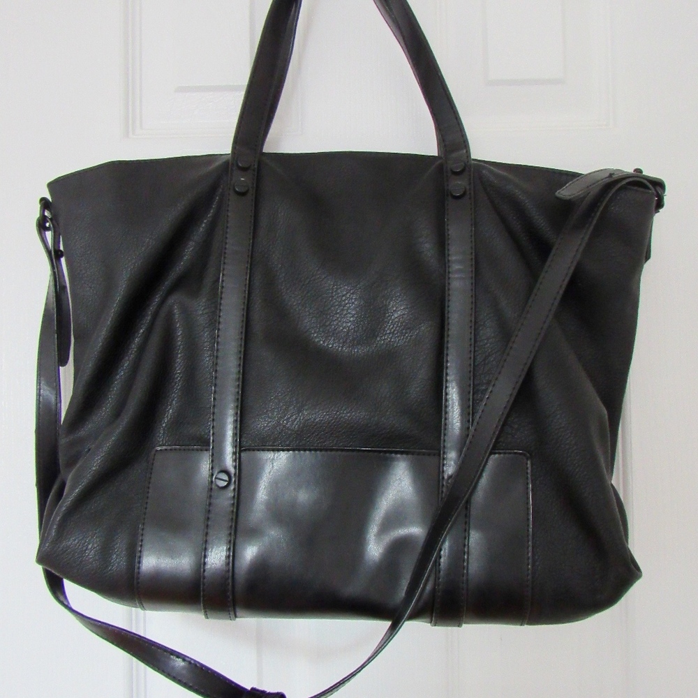Zara Black Cracked Large Leather Tote Crossbody
