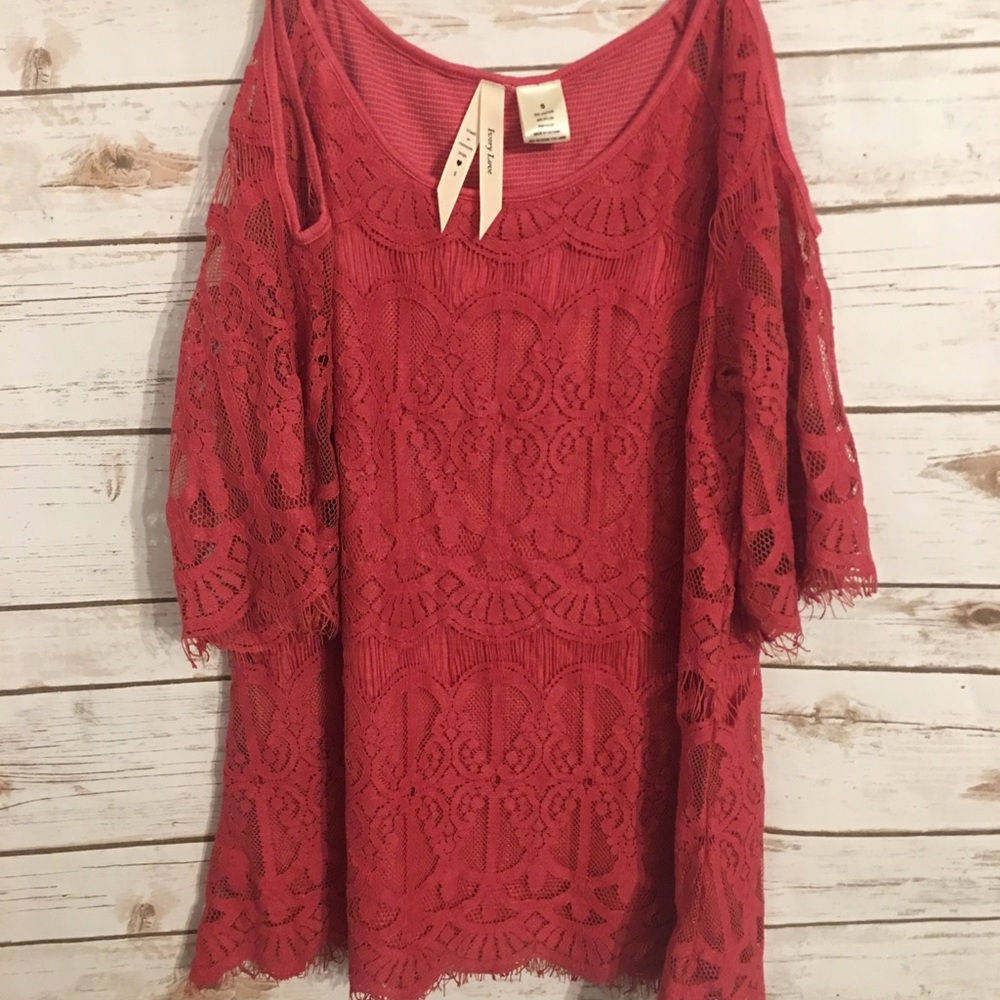Ivory Love Rose colored lace off shoulder top