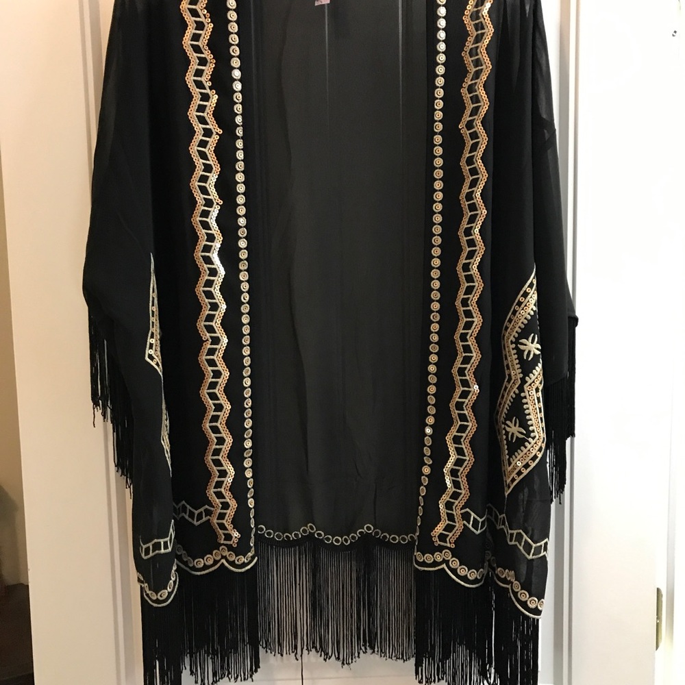 Black & gold fringe kimono