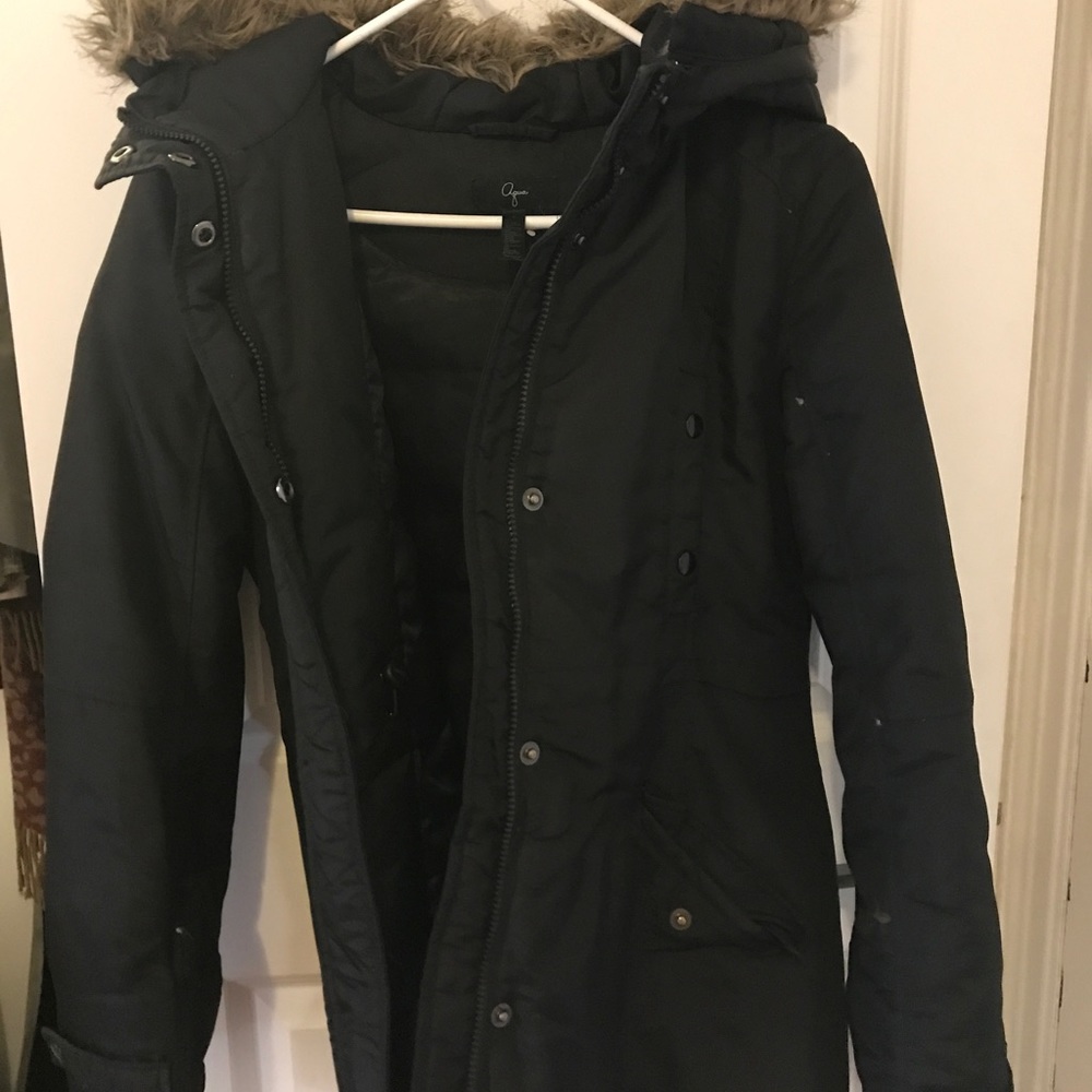 Aqua winter coat with faux fur hood