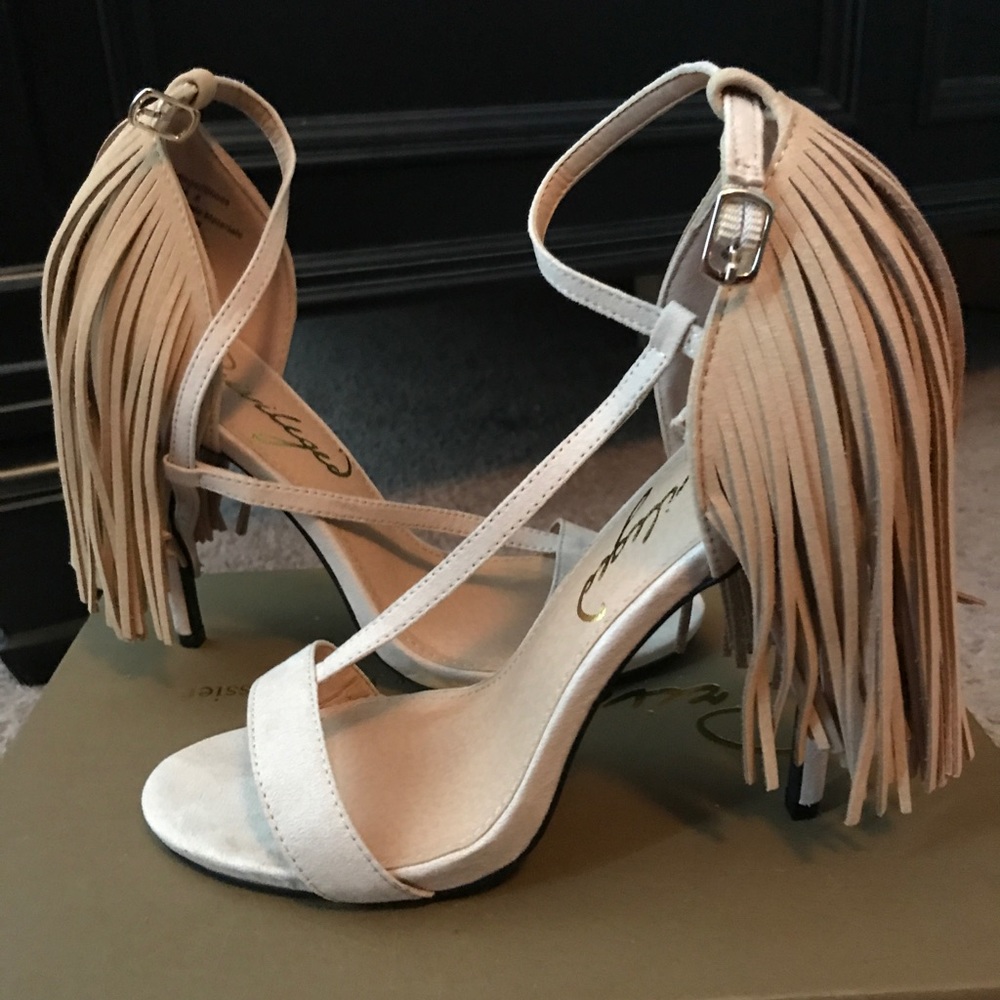 Nude Suede Fringe Heels