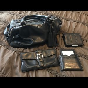 Black leather Coach Bag with accessories.
