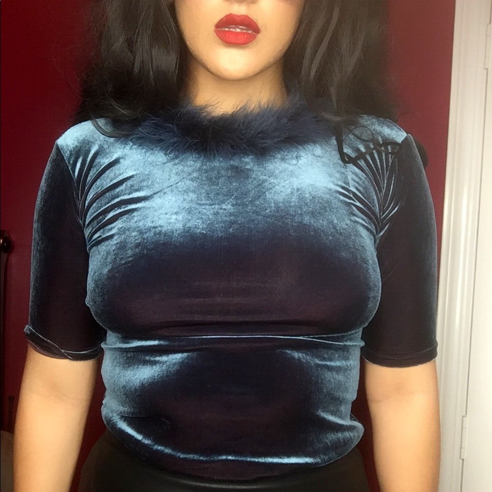 vintage teal velvet fuzzy collar shirt