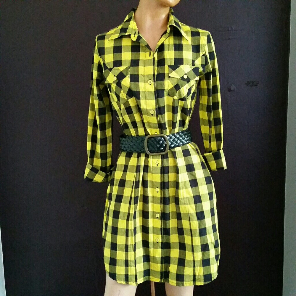BRIGHT yellow lumberjack-plaid shirt dress