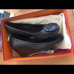 Tory Burch black leather wedges