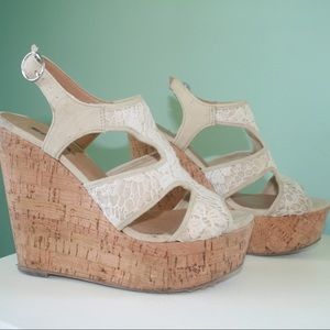 white lace cork wedges