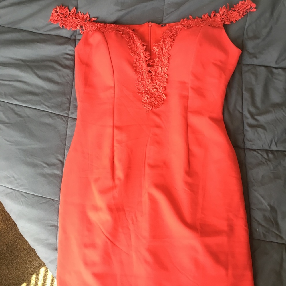 Red off shoulder dress.  Large.  Fits like a 6.