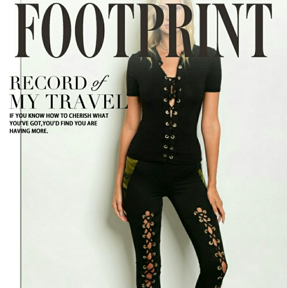 *Black Lace-up Camo Detail Leggings - Picture 2 of 8