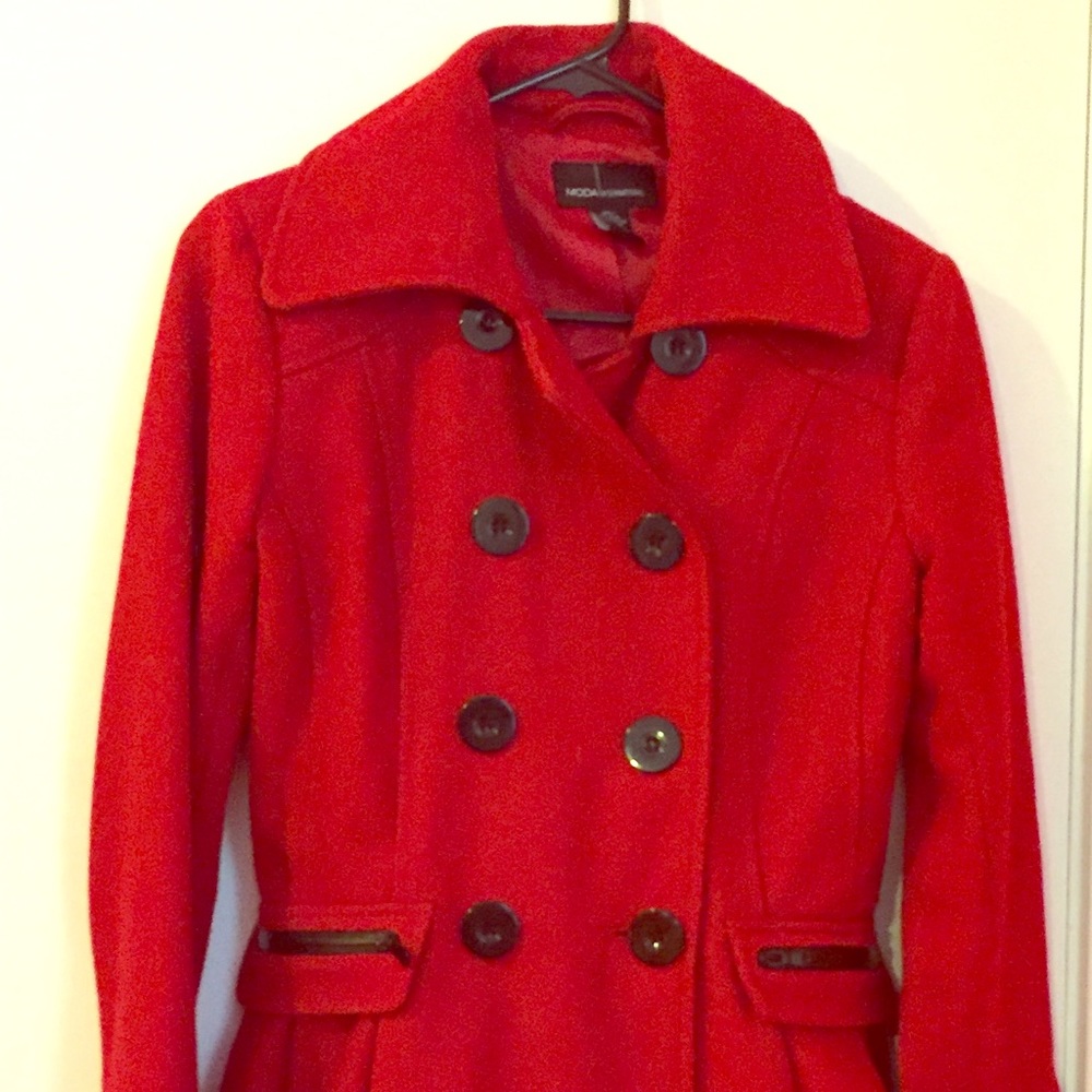 Red flared peacoat.