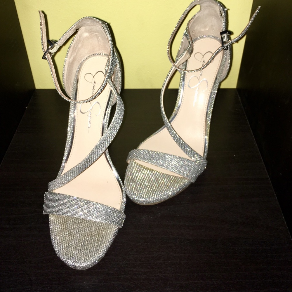 Silver open toe heels