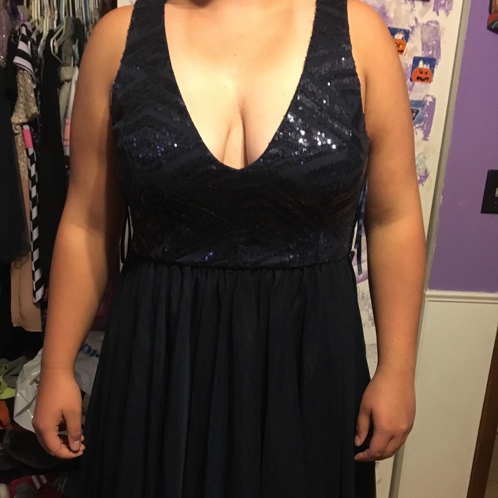 navy blue with low cut dress