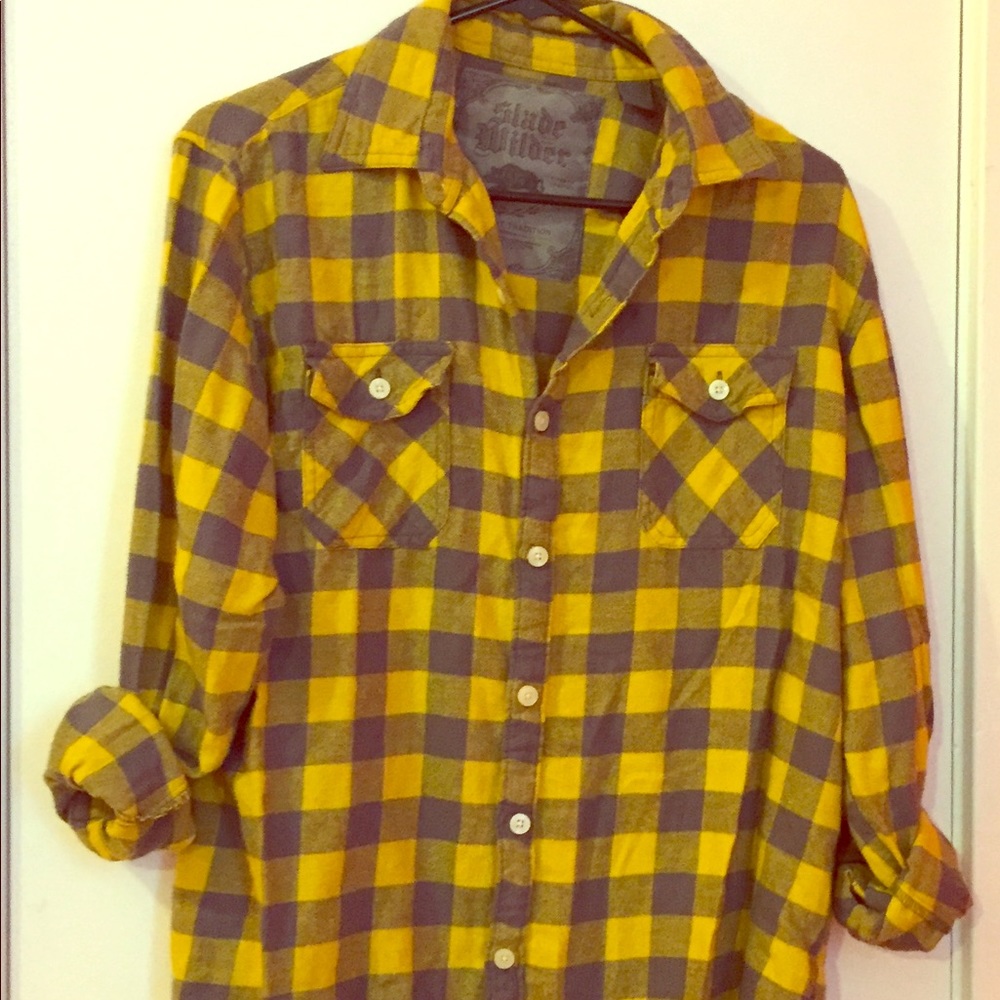 Grey and yellow plaid button down.