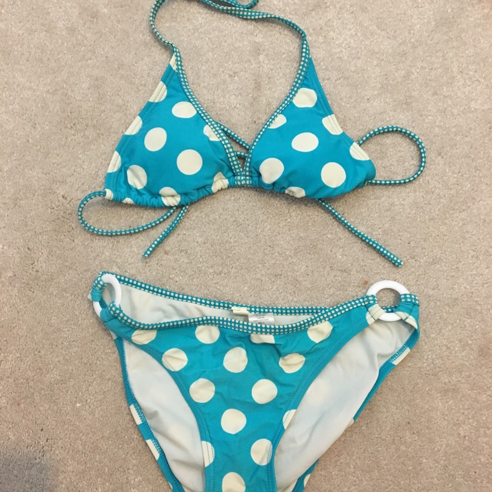 Blue and white polka dot bikini