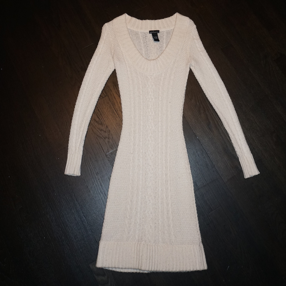 Cream Cable-Knit Fitted Sweater Dress
