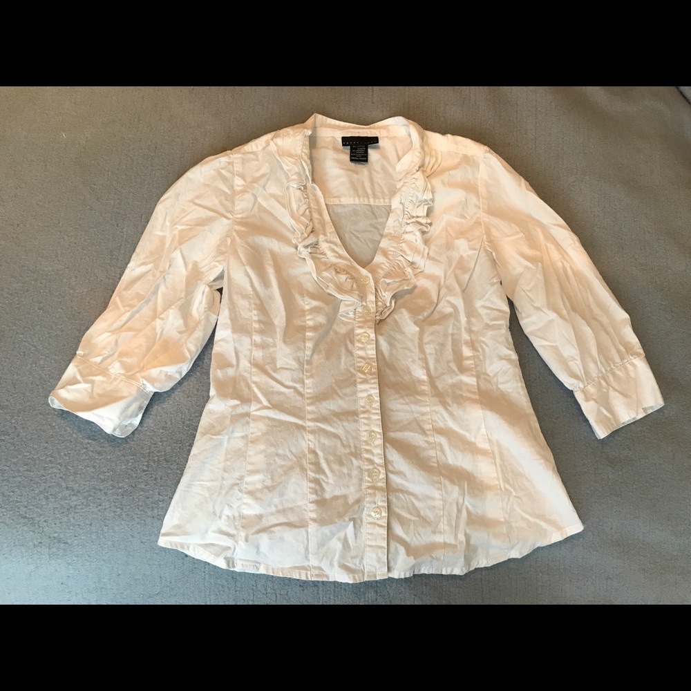 White Apostrophe 3/4 Sleeve Button Down Blouse