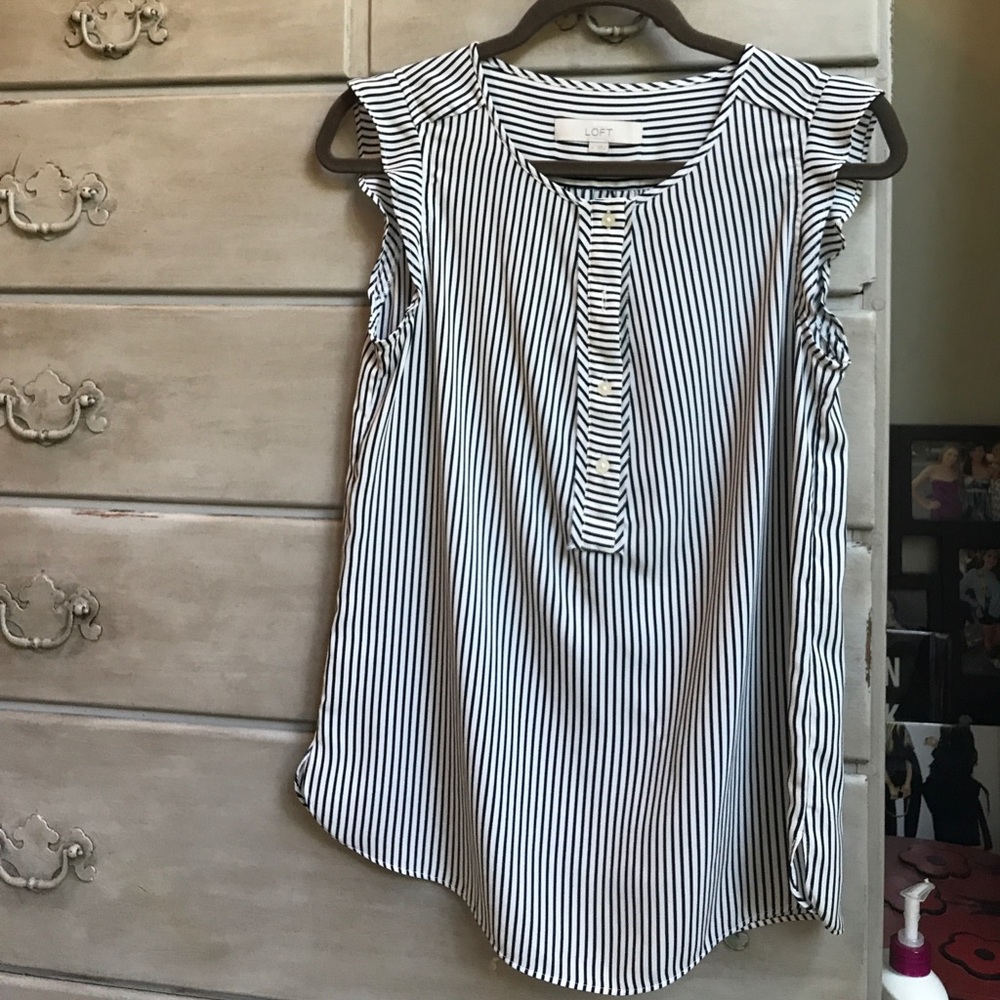 Navy and white striped LOFT ruffle tank