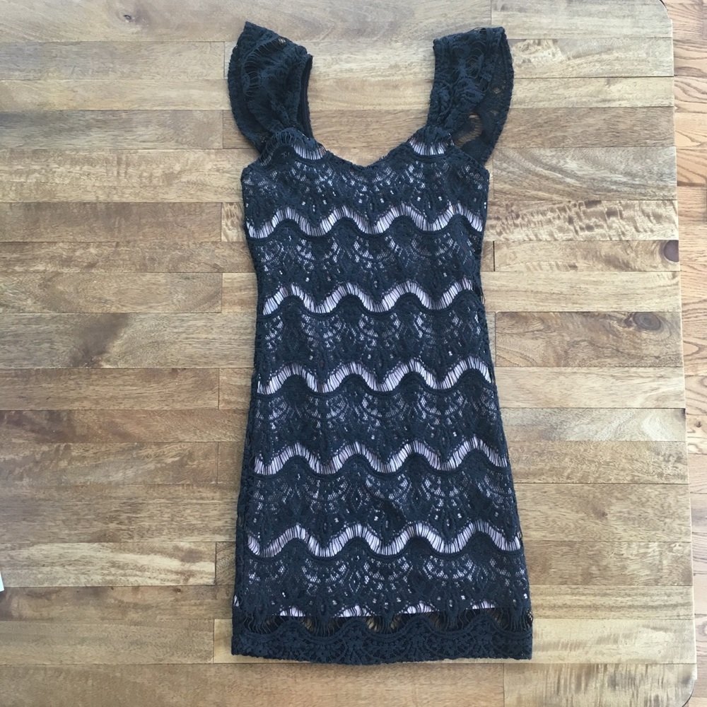 Black lace dress with blush lining.