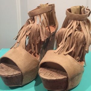 Tan Fringe Wedge Sandals