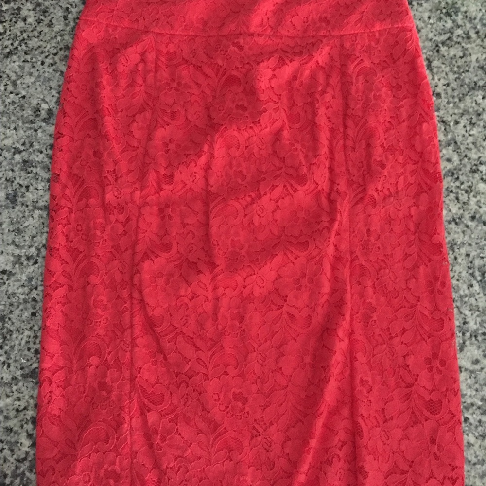 Red lace pencil skirt