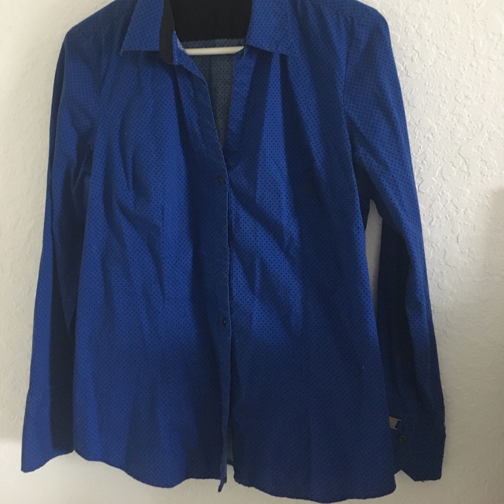 Large blue button up with black polka dots