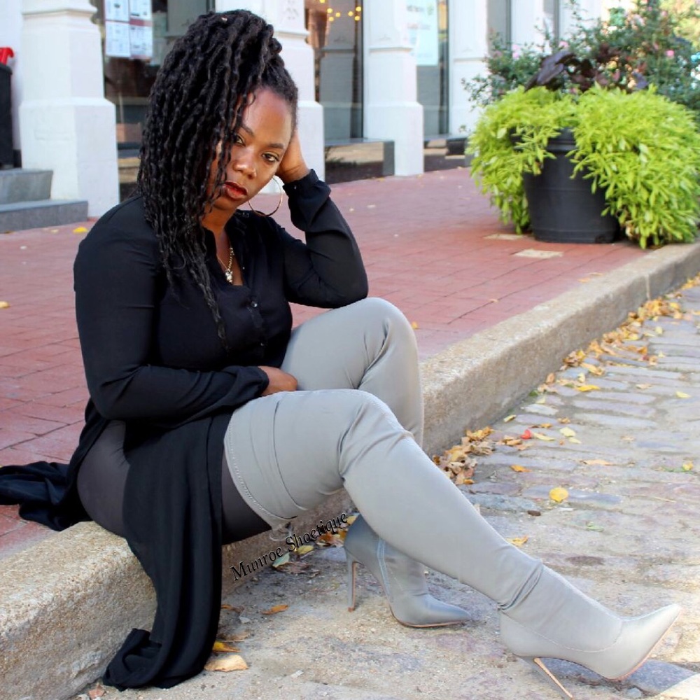 Gray Stretch Thigh High Drawstring Boots - Picture 2 of 4