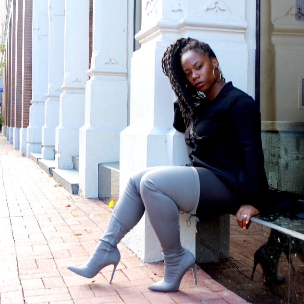 Gray Stretch Thigh High Drawstring Boots - Picture 3 of 4