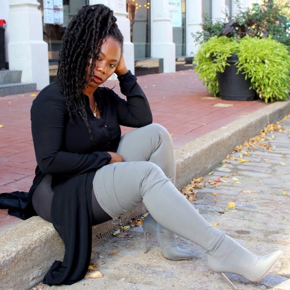 Gray Stretch Thigh High Drawstring Boots - Picture 2 of 4