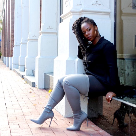 Gray Stretch Thigh High Drawstring Boots - Picture 3 of 4