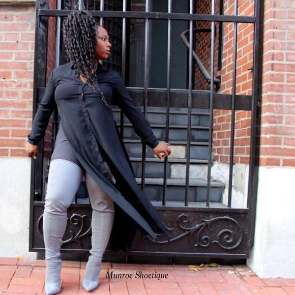 Gray Stretch Thigh High Drawstring Boots - Picture 4 of 4