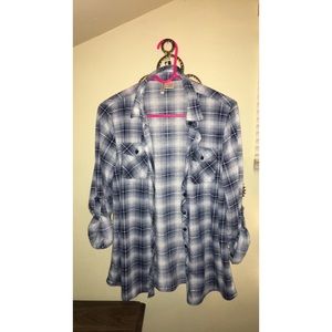 Size L Light Blue/ White Collared Plaid Blouse