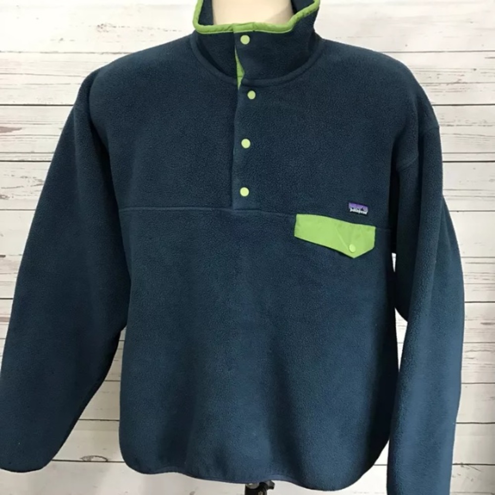 Patagonia snap navy blue green pullover sweater L