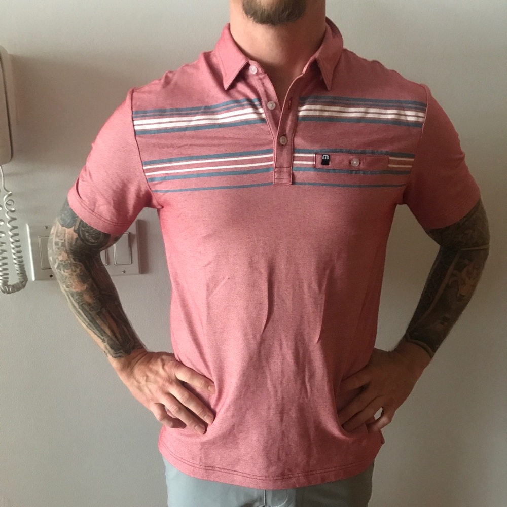 Travis Mathew  light red golf shirt- medium