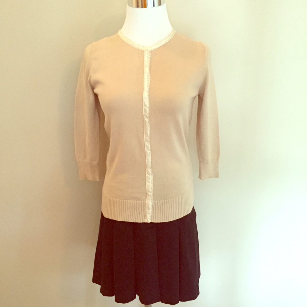 GAP Cardigan Tan with Cream Satin Trim Size XS