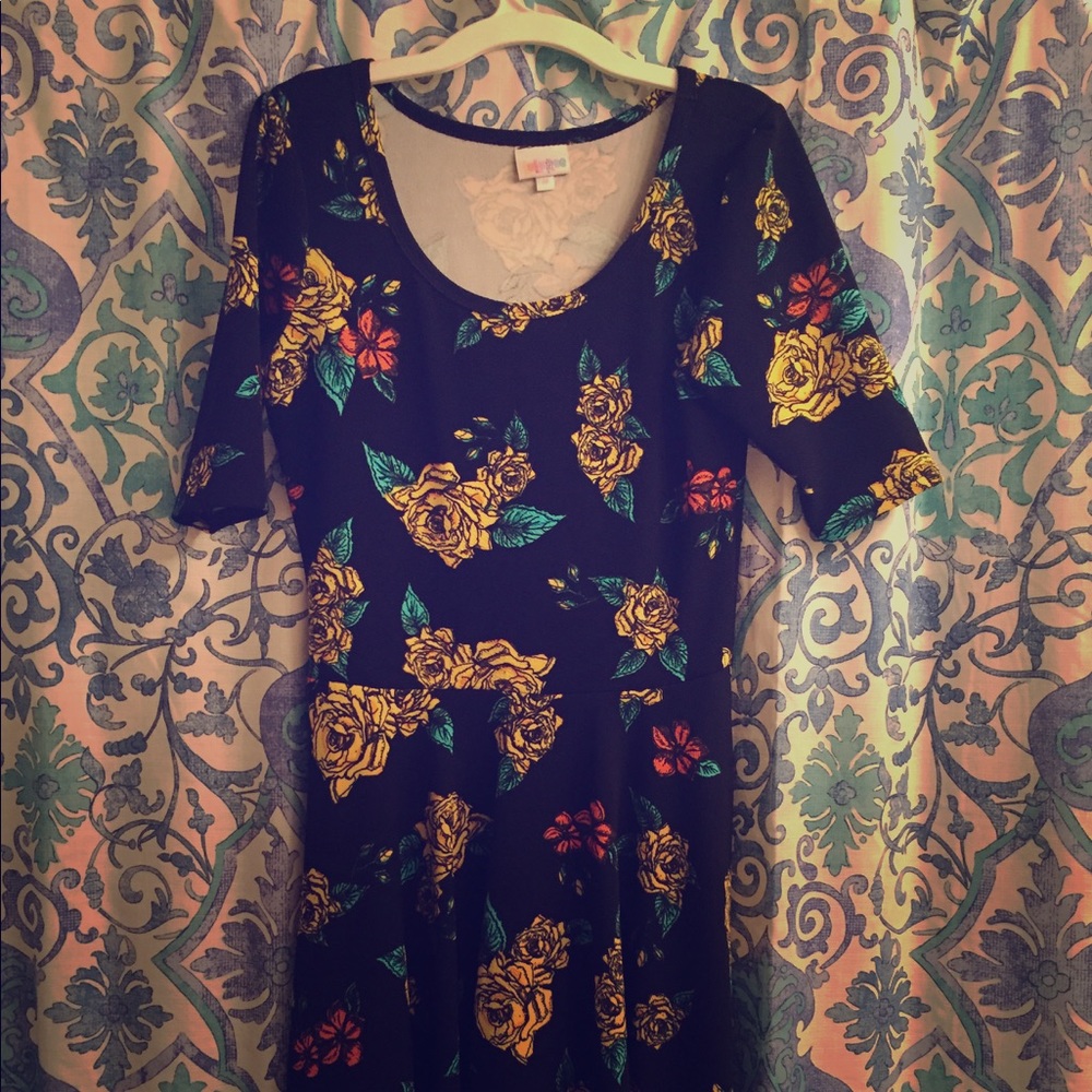 Lularoe Nicole black dress yellow & orange floral
