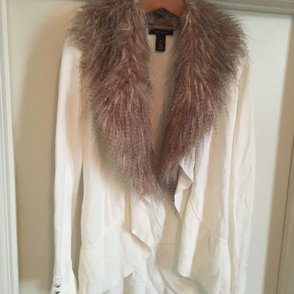 White House black market fur collar white sweater