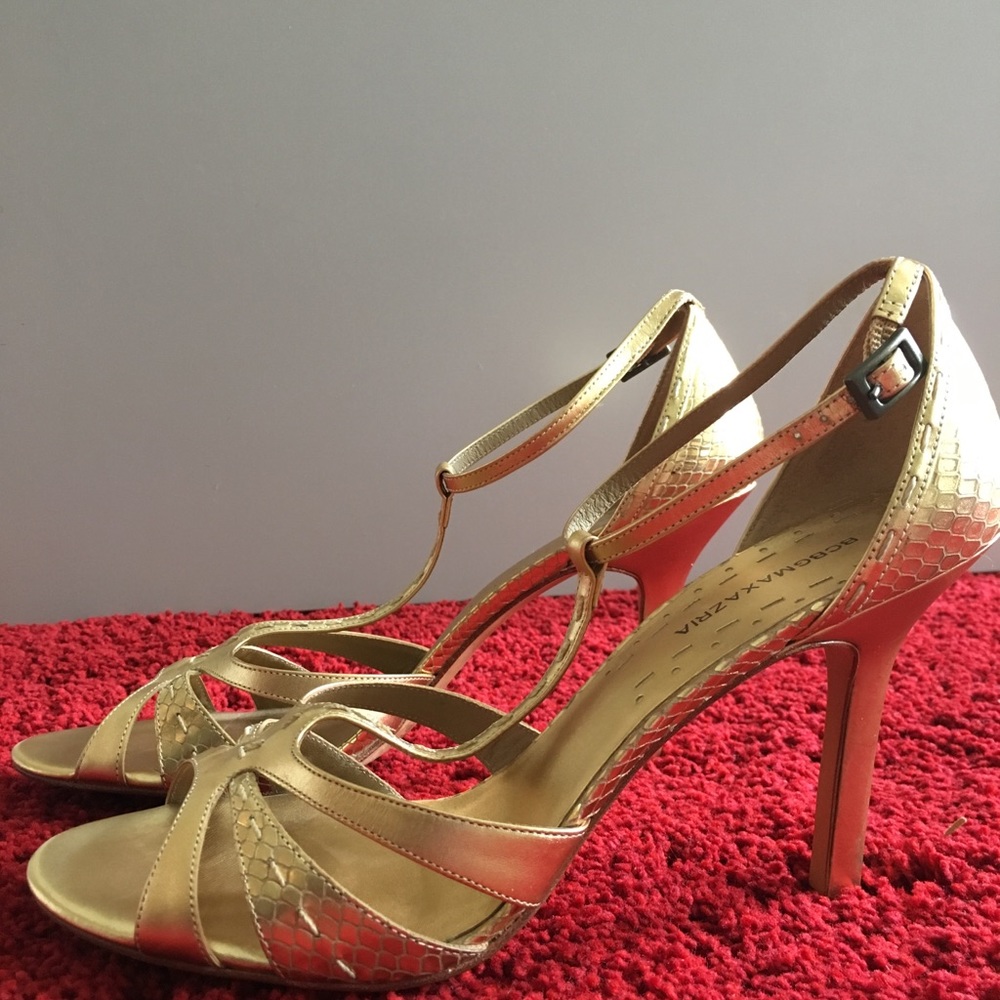 BCBG Gold Dress Leather Sandals High 4" Heel.