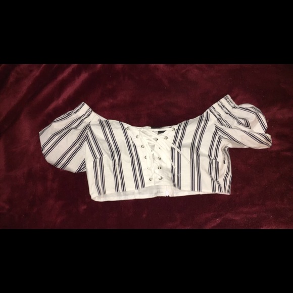 White and blue striped off the shoulder crop top - Picture 1 of 2