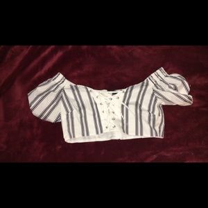 White and blue striped off the shoulder crop top
