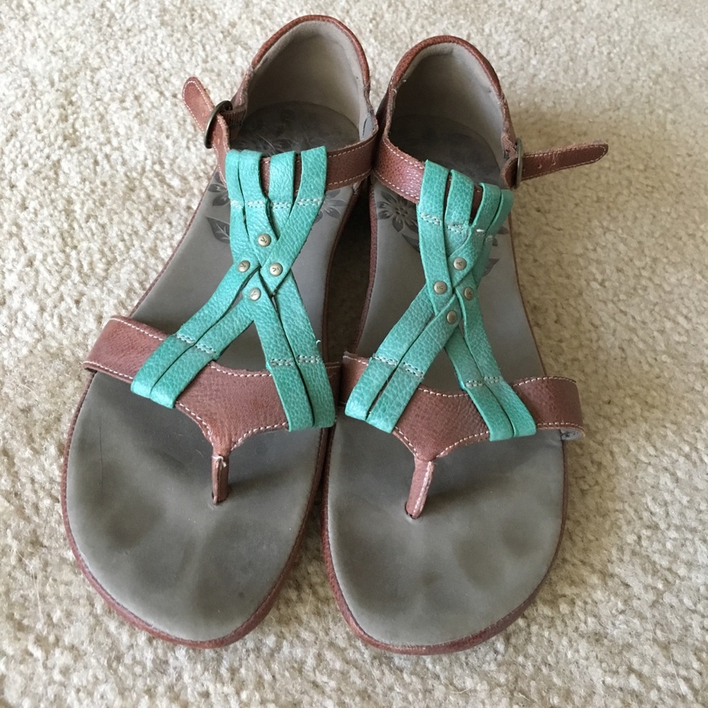 Brown and light blue Keen sandals