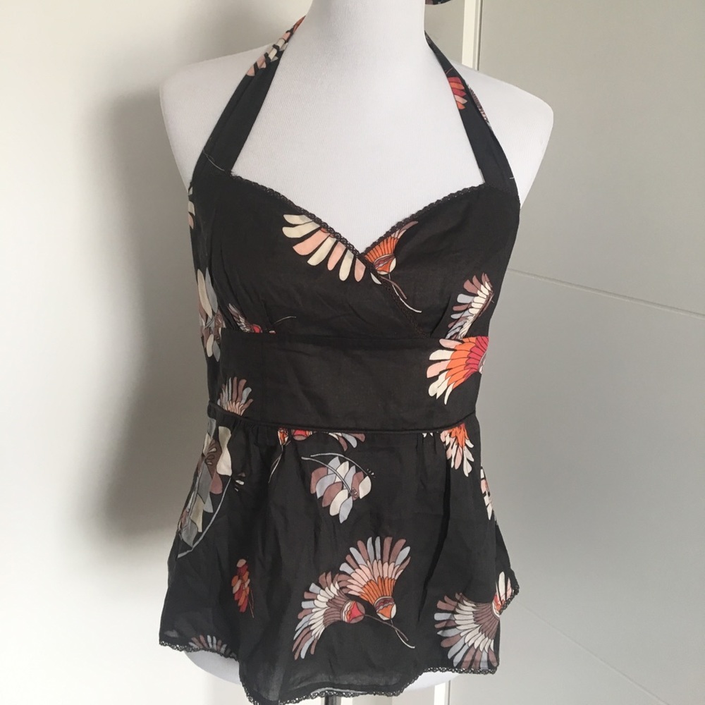 Anthropologie black floral halter top size 8