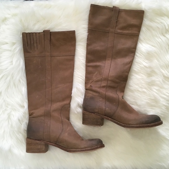 Halogen Shoes - Halogen Tan Distressed Leather Heeled Tall Boots