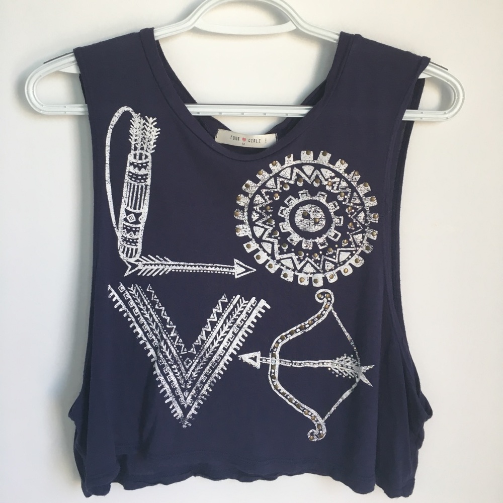Four Girlz - LOVE Navy Blue Crop Top Tee SIZE M