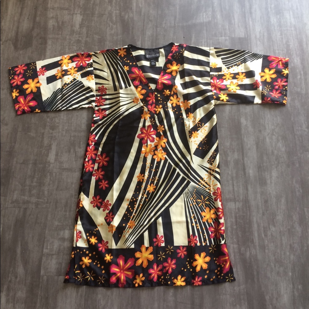 Satin floral tunic with black and white stripes