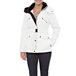 Women's White Detachable Hooded Belted Winter Coat