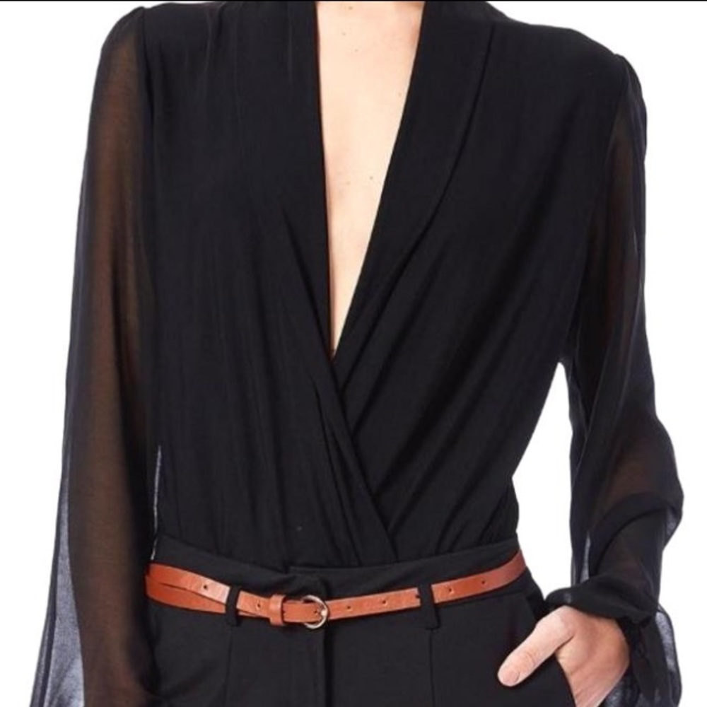 Gracia Sheer Sleeve Wrap Bodysuit (Black)